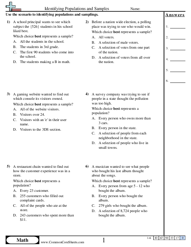 7.sp.1 Worksheets - Identifying Populations and Samples worksheet